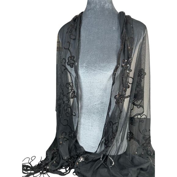 Vintage Accessories - Whimsygoth- Black Semi Sheer Shawl- Tassel- sequin floral design- preowned
